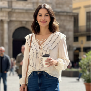 Blusa romántica crema con escote de cordones y chorreras: imagen 1