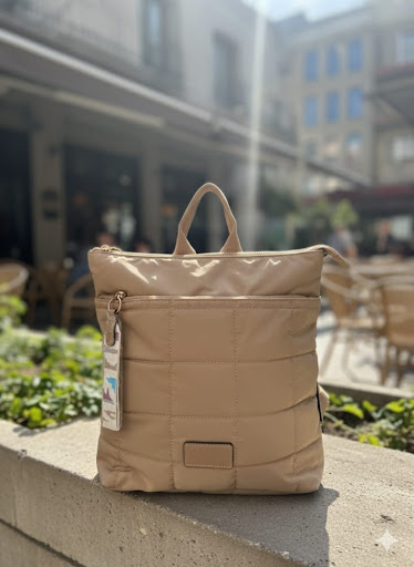 Mochila de nylon acolchada beige con diseño de cuadrícula