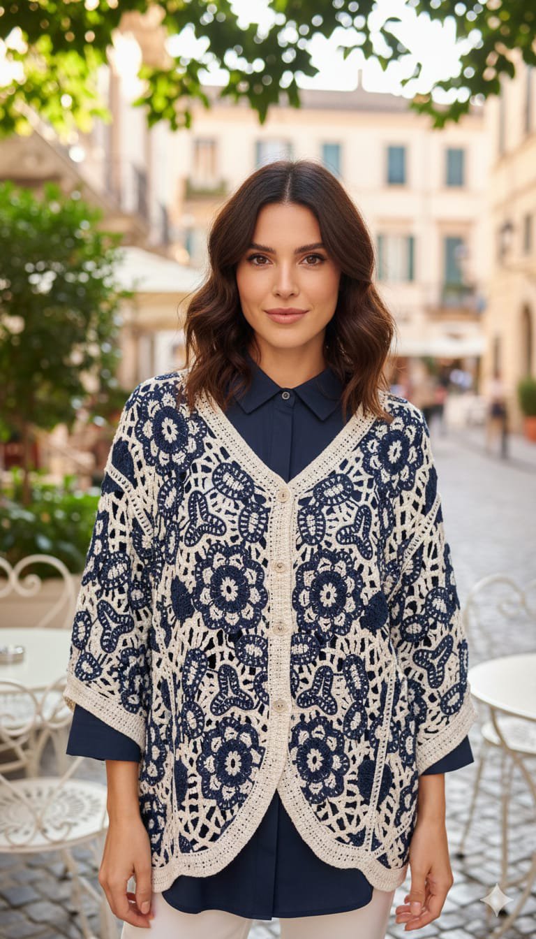 Chaqueta de crochet con diseño de flores caladas + camisa  azul marino: imagen 1
