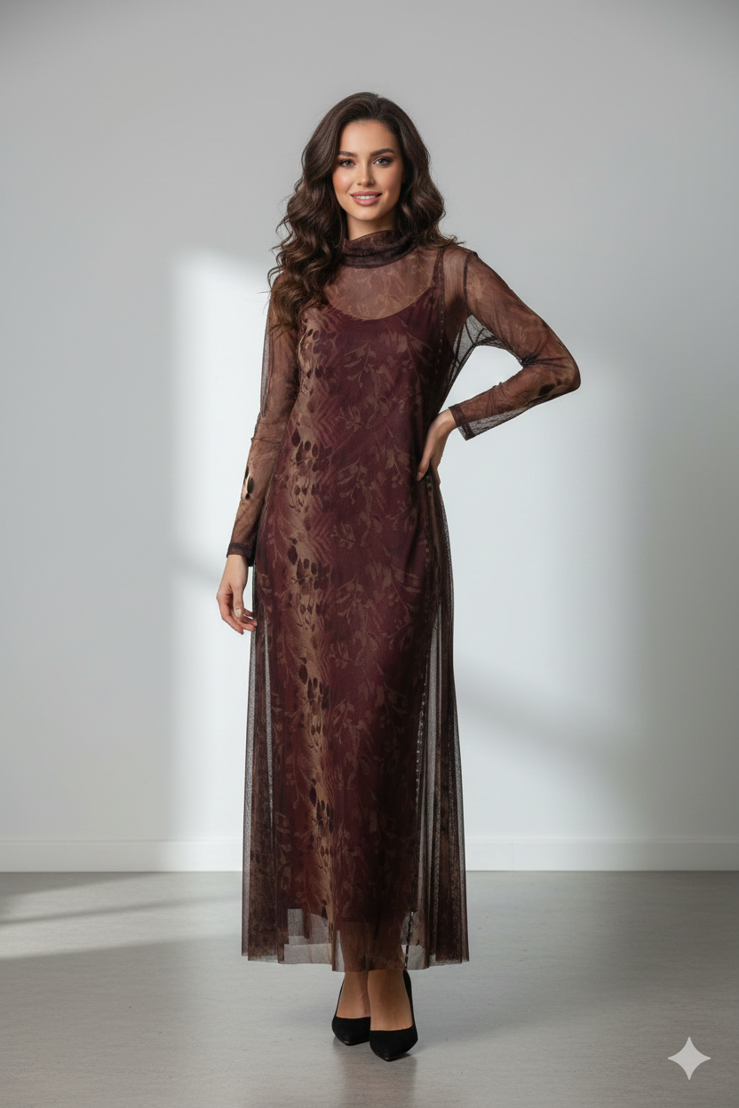 Vestido maxi de tul transparente estampado sobre vestido base satinado en color chocolate: imagen 1