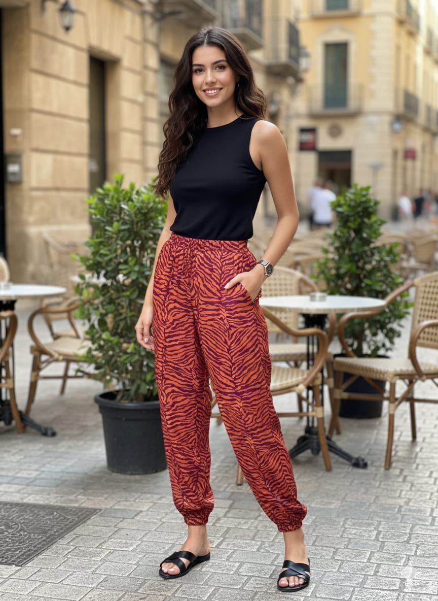 Pantalón fluido tipo jogger con estampado animal en contraste: imagen 1